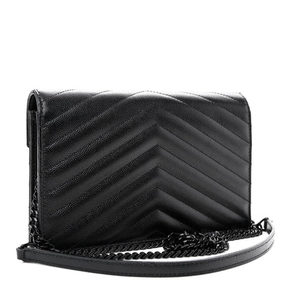 Saint Laurent Grain De Poudre Matelasse Chevron Monogram Monochrome Envelope Chain Wallet Black 3 of 12
