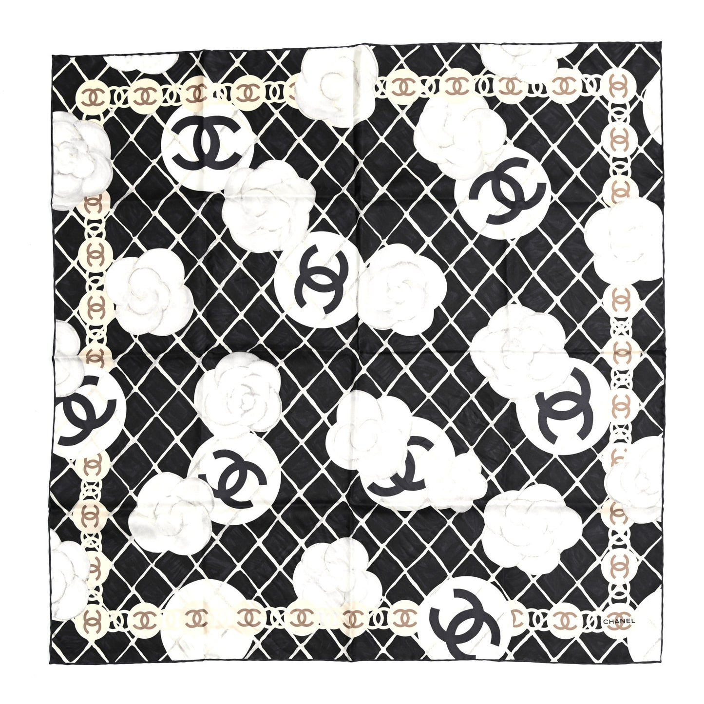 Silk Camellia CC Square Scarf Black