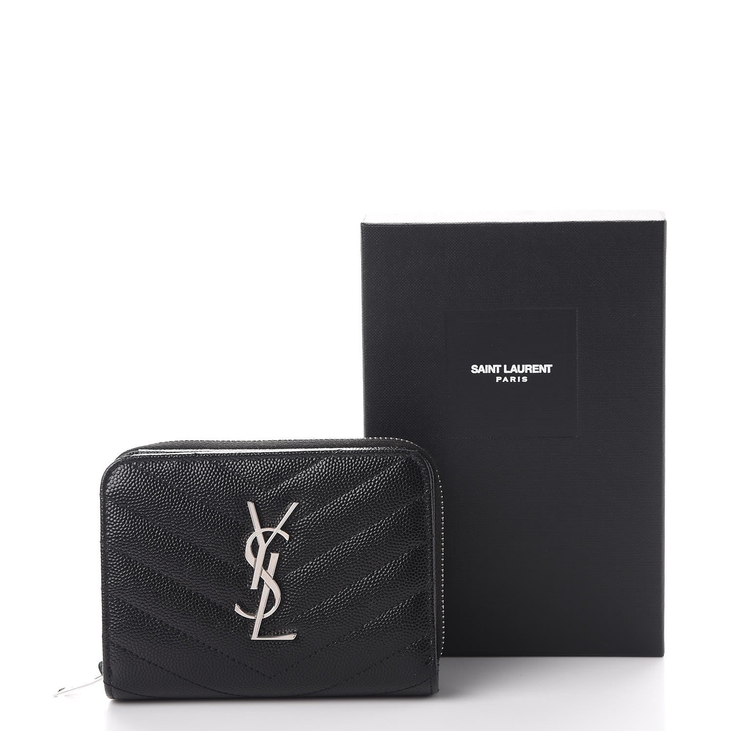 Saint Laurent Grain De Poudre Matelasse Chevron Monogram Compact Zip Around Wallet Black 9 of 9