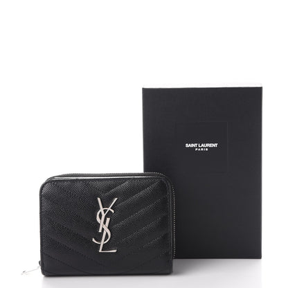 Saint Laurent Grain De Poudre Matelasse Chevron Monogram Compact Zip Around Wallet Black 9 of 9