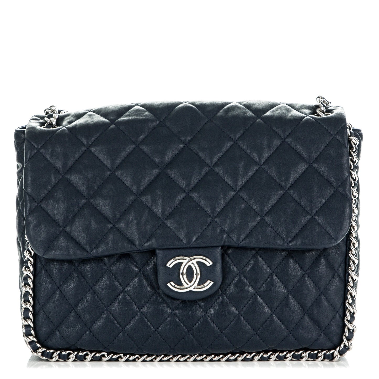 Washed Lambskin Quilted Maxi Chain Around Flap Dark Navy Blue