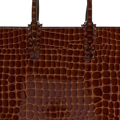 Christian Louboutin Patent Calfskin Crocodile Embossed Spikes Zipped Cabata Tote Acajou 8 of 10