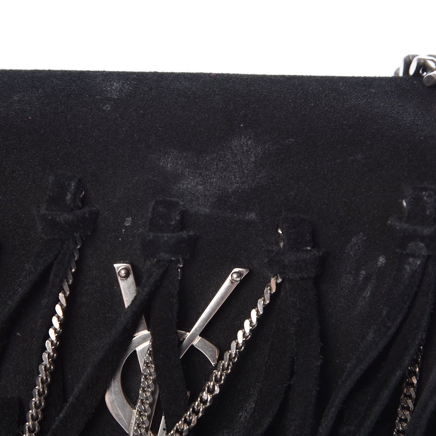 Suede Fringe Chain Small Monogram Satchel Black