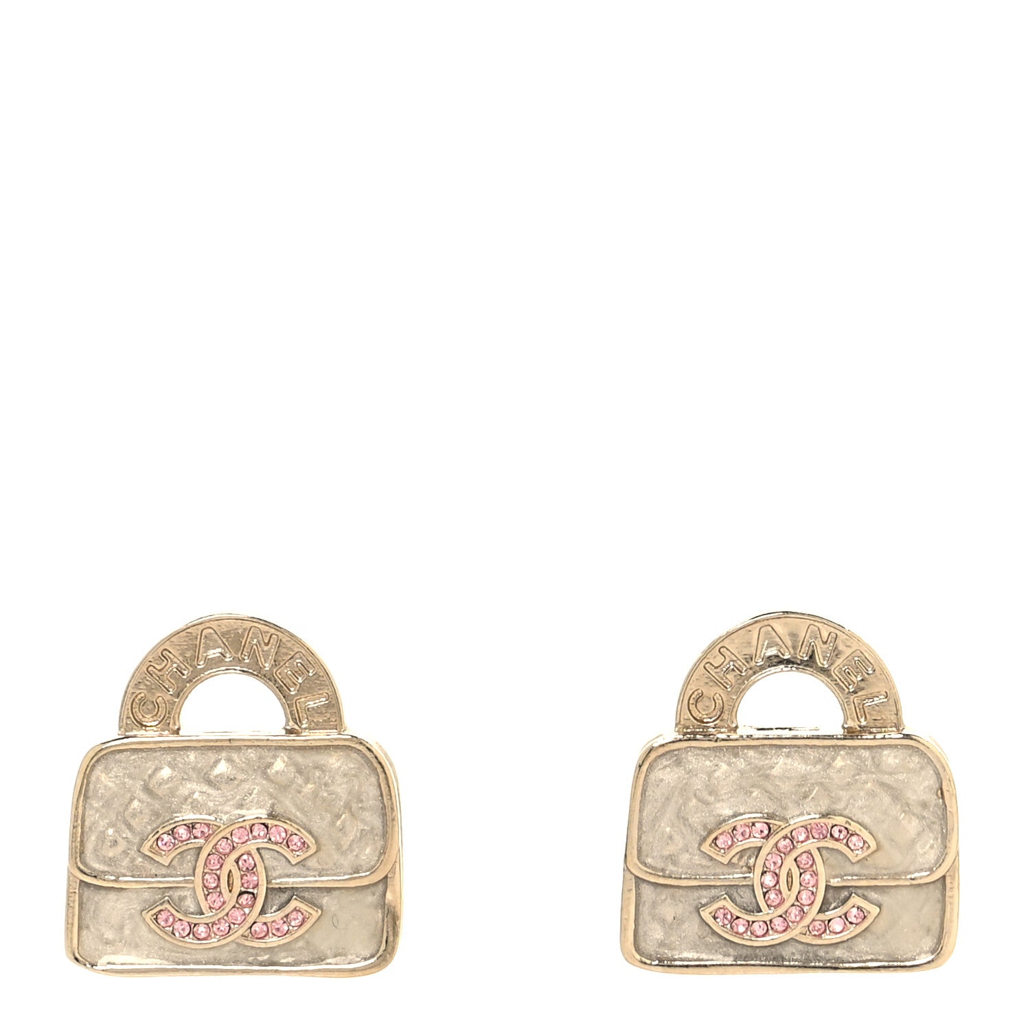 Chanel Metal Crystal Resin CC Top Handle Bag Clip On Earrings Pink White Gold 2 of 10