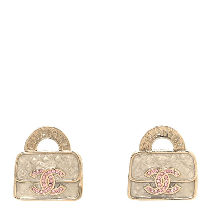 Chanel Metal Crystal Resin CC Top Handle Bag Clip On Earrings Pink White Gold 2 of 10