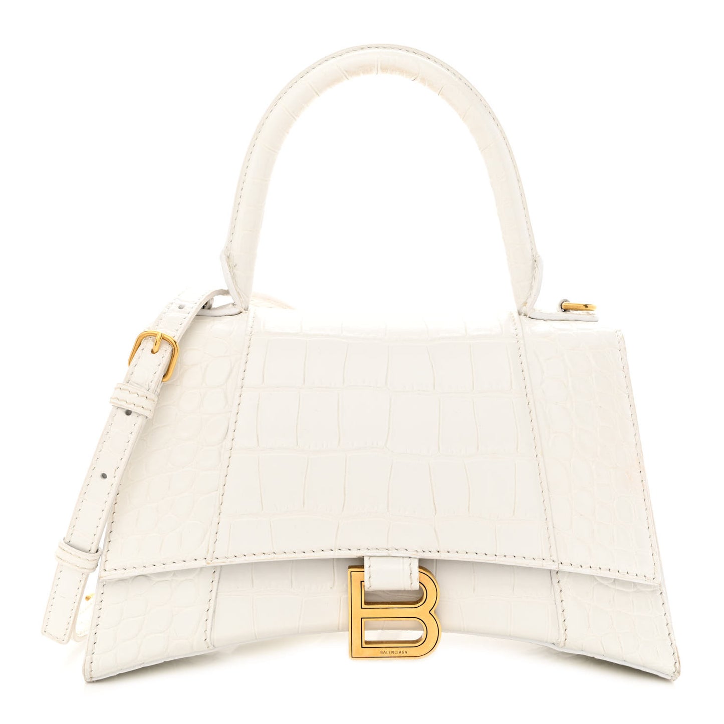 Shiny Calfskin Crocodile Embossed Small Hourglass Top Handle Bag White
