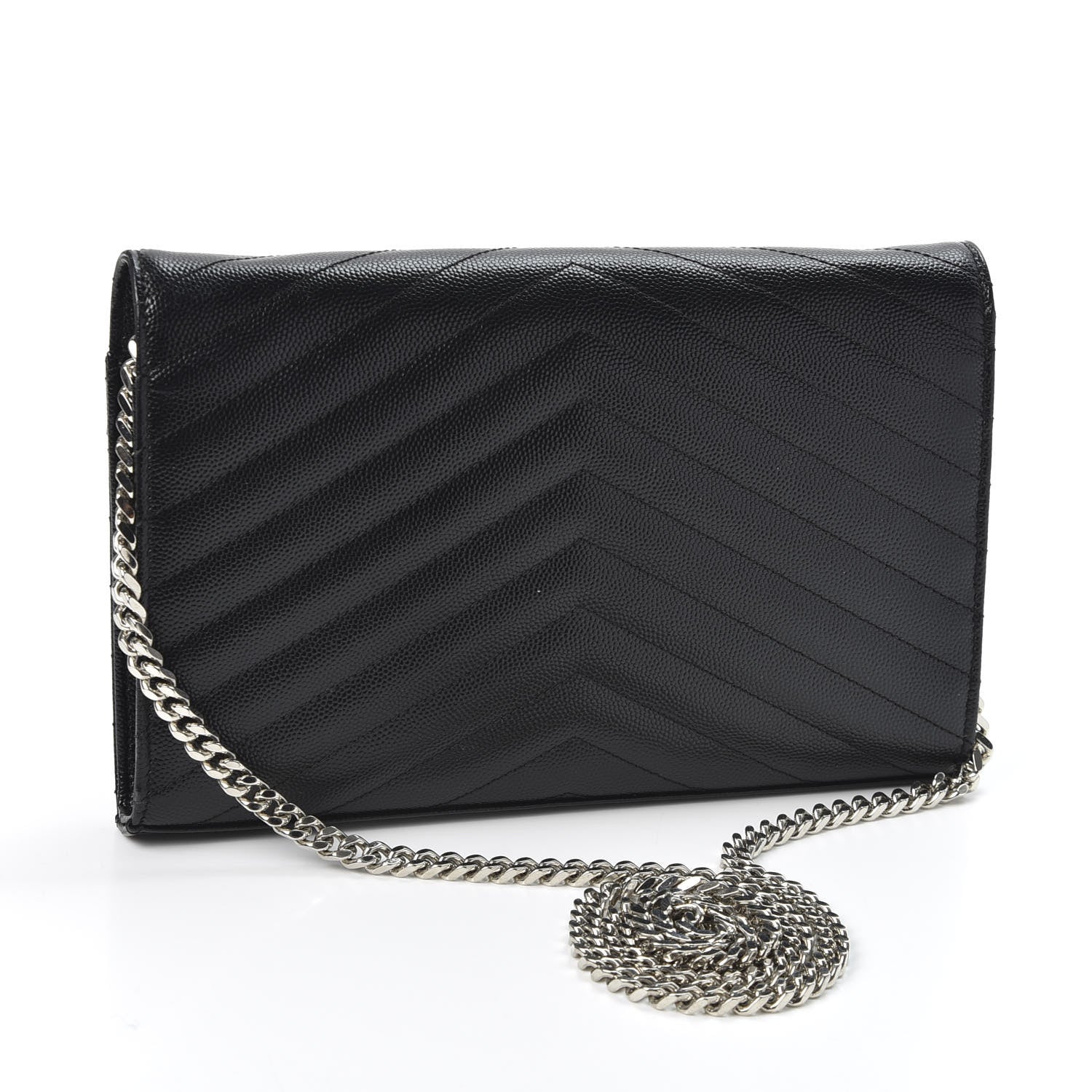 Saint Laurent Grain De Poudre Matelasse Chevron Monogram Chain Wallet Black 2 of 9