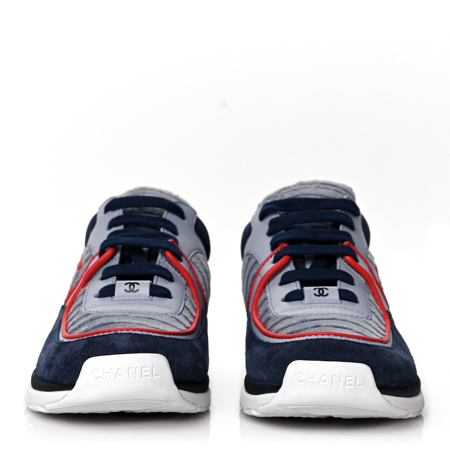 Chanel Suede Calfskin Womens CC Sneakers 37 Grey Red Blue 2 of 9