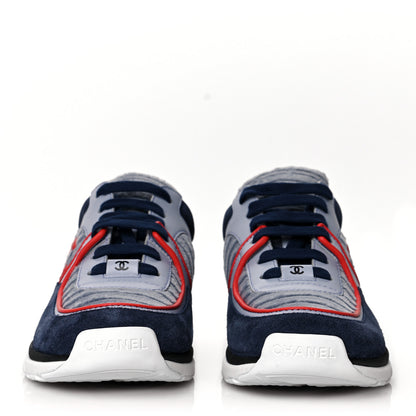 Chanel Suede Calfskin Womens CC Sneakers 37 Grey Red Blue 2 of 9