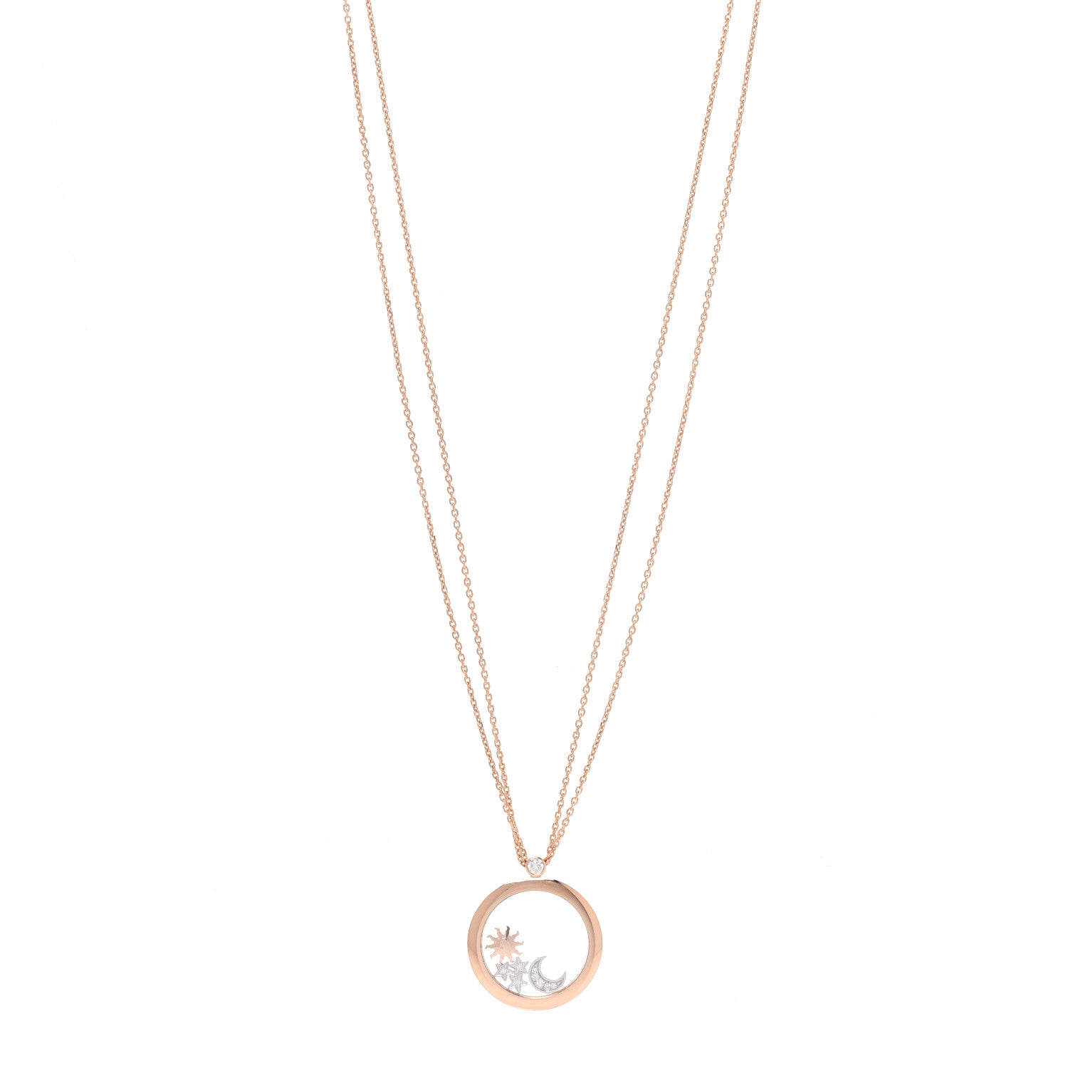 Chopard 18K Rose White Gold Diamond Happy Diamond Sun Moon Stars Double Chain Pendant Necklace 1 of 7