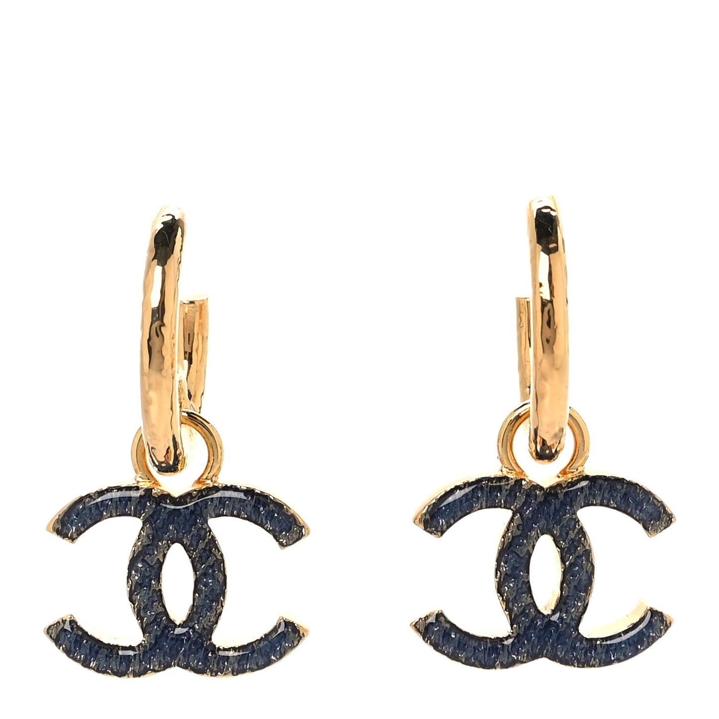 Metal Enamel CC Denim Drop Earrings Gold Blue