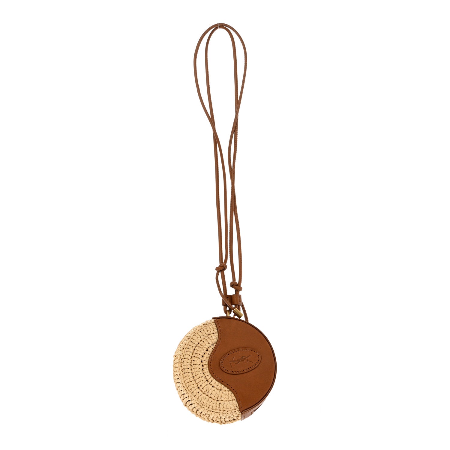 Saint Laurent Raffia Calfskin Round Mini Coin Pouch Beige Naturel Brick 1 of 6
