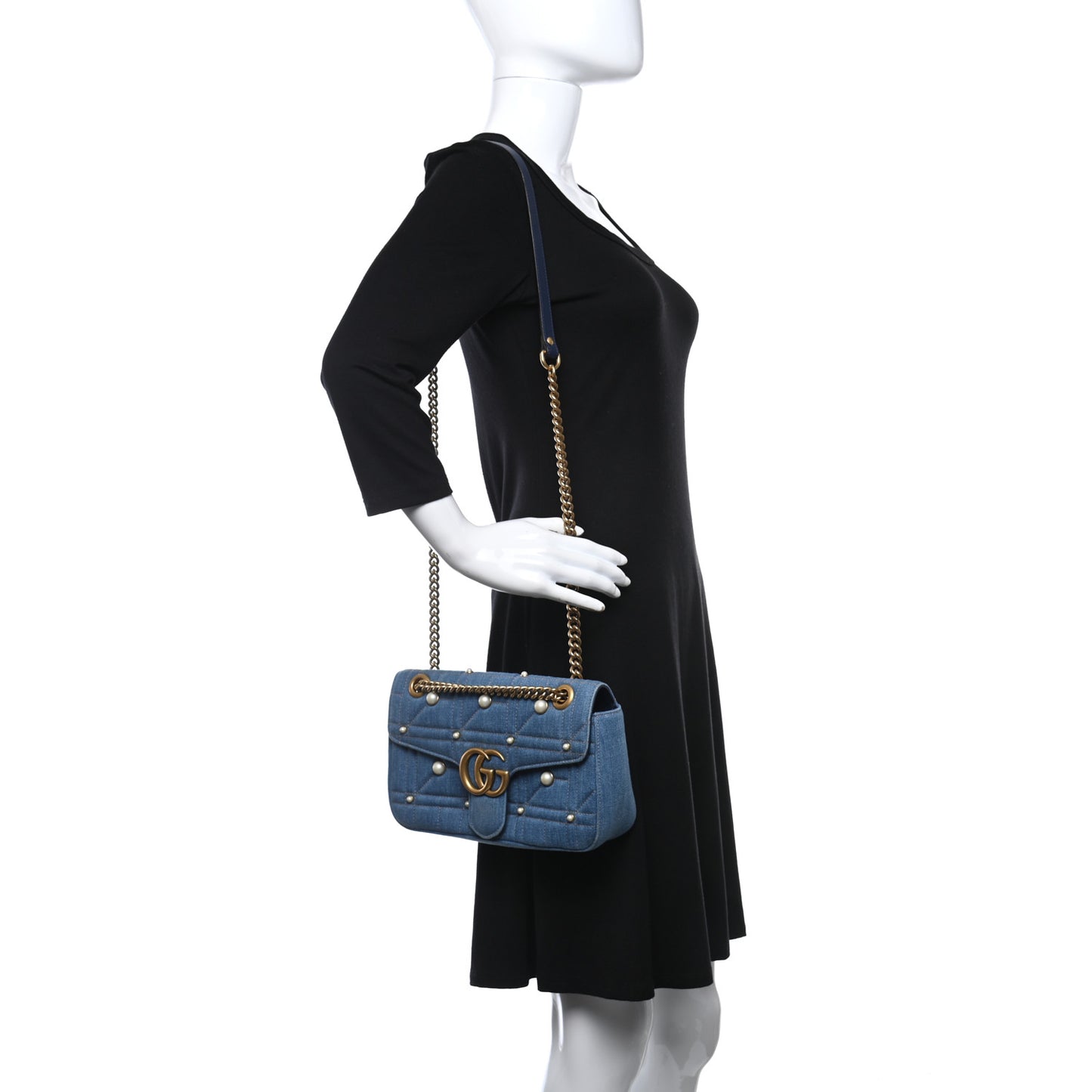 Denim Matelasse Pearl Studded Small GG Marmont Shoulder Bag Blue
