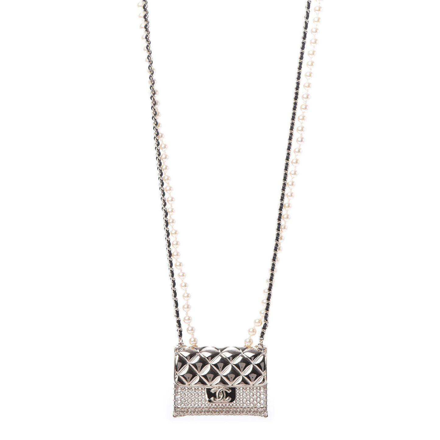 Metal Lambskin Pearl Chain Flap Bag Long Necklace Gold Black Pearly White