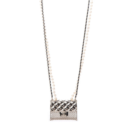 Chanel Metal Lambskin Pearl Chain Flap Bag Long Necklace Gold Black Pearly White 1 of 4