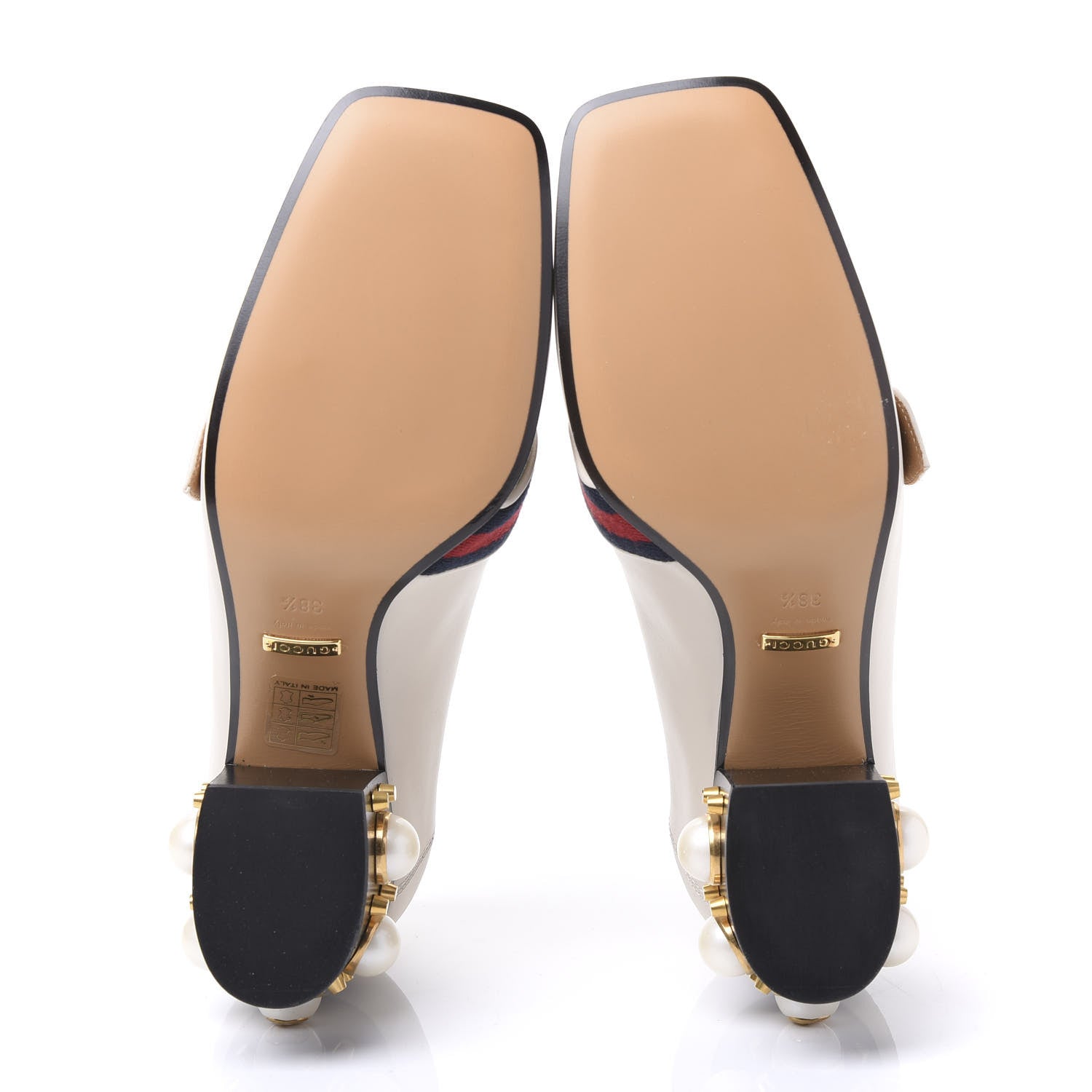 Gucci Betis Glamour Calfskin Web Pearl Embellished Peyton 75mm Loafer Pumps 38.5 Mystic White 5 of 9