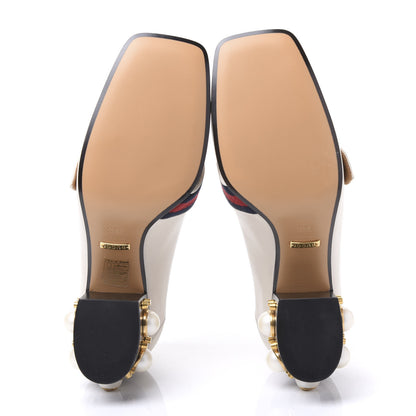 Gucci Betis Glamour Calfskin Web Pearl Embellished Peyton 75mm Loafer Pumps 38.5 Mystic White 5 of 9