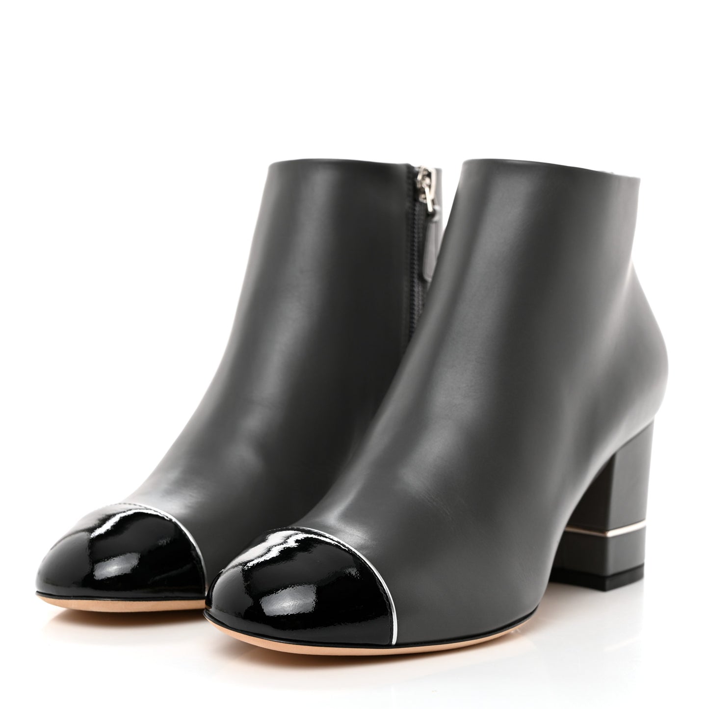 Calfskin Patent CC Cap Toe Ankle Booties 36 Grey Black