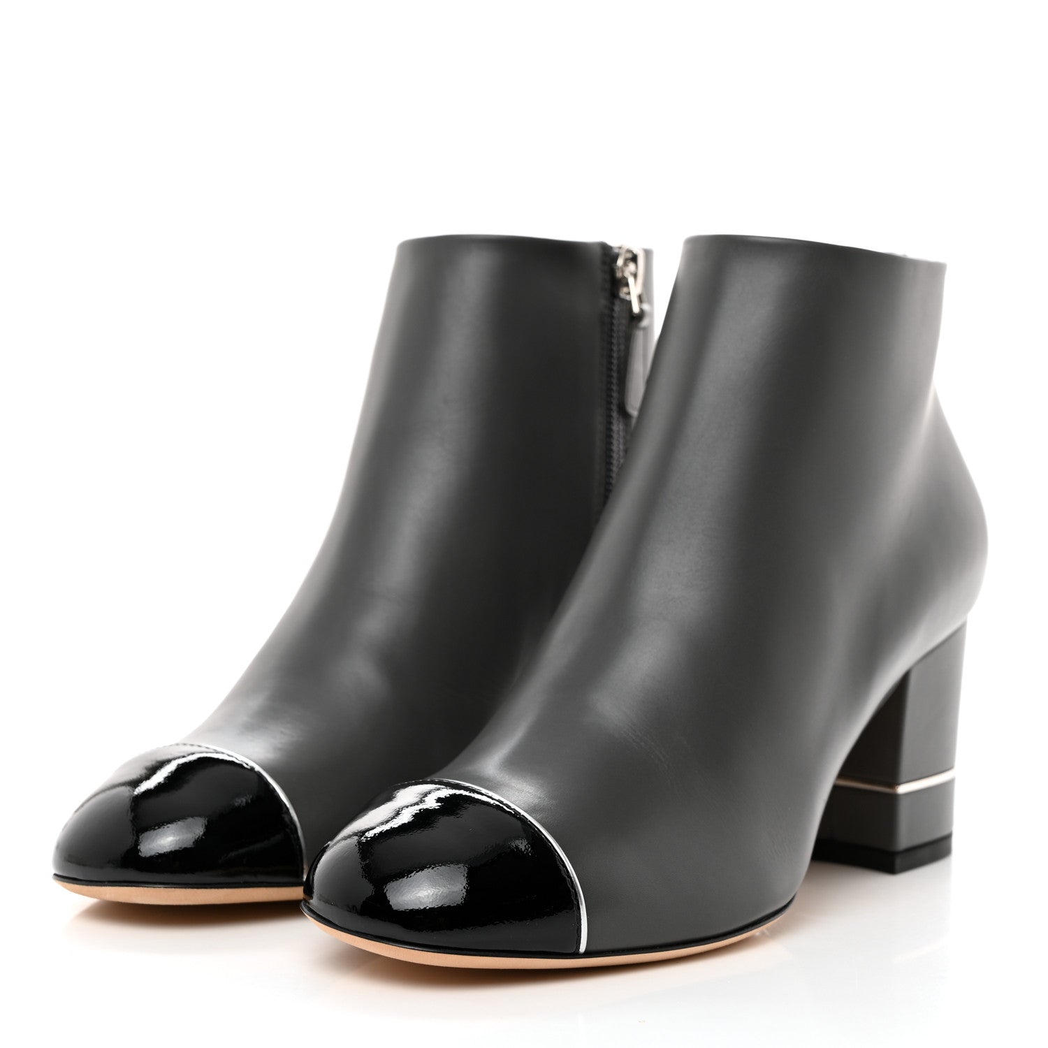Chanel Calfskin Patent CC Cap Toe Ankle Booties 36 Grey Black 3 of 9