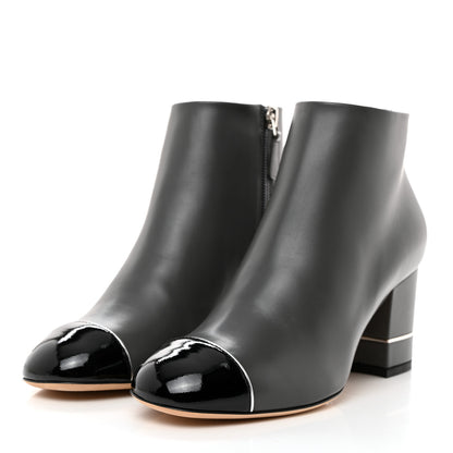 Chanel Calfskin Patent CC Cap Toe Ankle Booties 36 Grey Black 3 of 9
