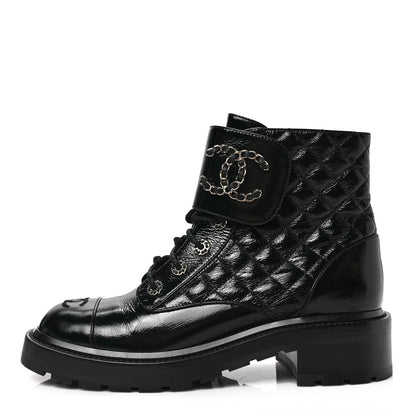 Chanel Shiny Calfskin Quilted Lace Up Combat Boots 40.5 Black 1 of 7