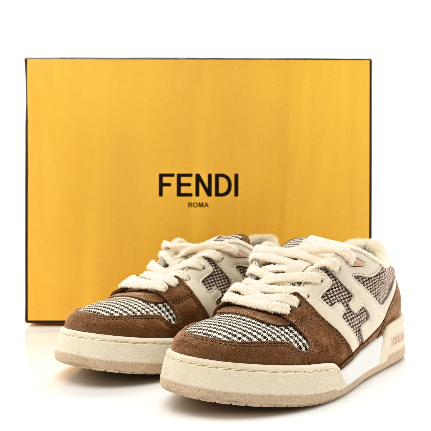 Fendi Calfskin Suede Houndstooth Fendi Match Low Top Sneakers 37 Cream Brown 14 of 14
