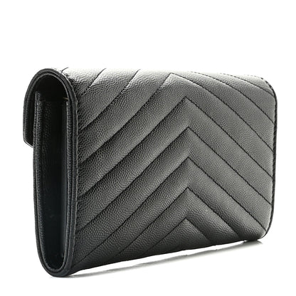 Saint Laurent Grain De Poudre Matelasse Chevron Monogram Flap Wallet Black 3 of 11