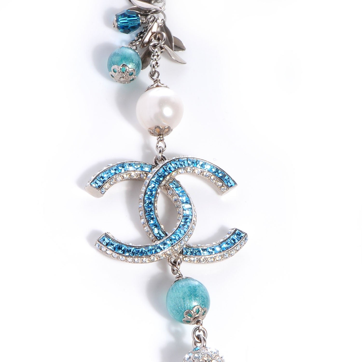 Chanel Pearl Crystal CC Beaded Long Necklace Silver Blue 4 of 10