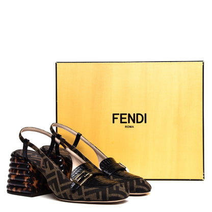 Fendi Jacquard Calfskin FF Tortoise Promenade Slingback Loafer Pumps 37.5 Tobacco 10 of 11
