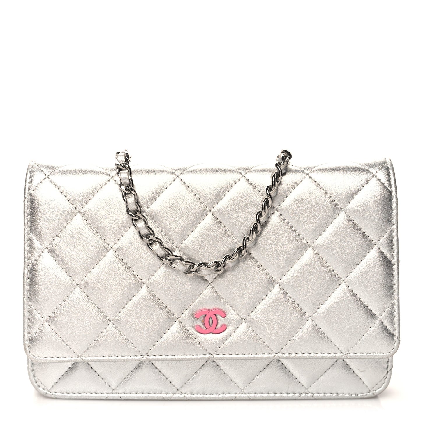 Metallic Lambskin Quilted Wallet On Chain WOC Silver