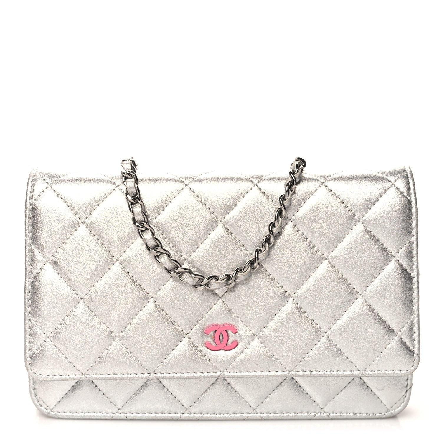 Chanel Metallic Lambskin Quilted Wallet On Chain WOC Silver 1 of 12