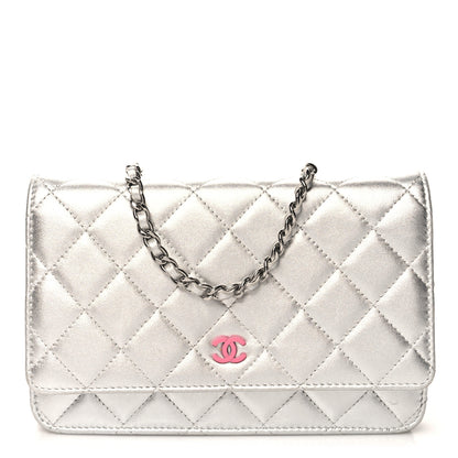 Chanel Metallic Lambskin Quilted Wallet On Chain WOC Silver 1 of 12