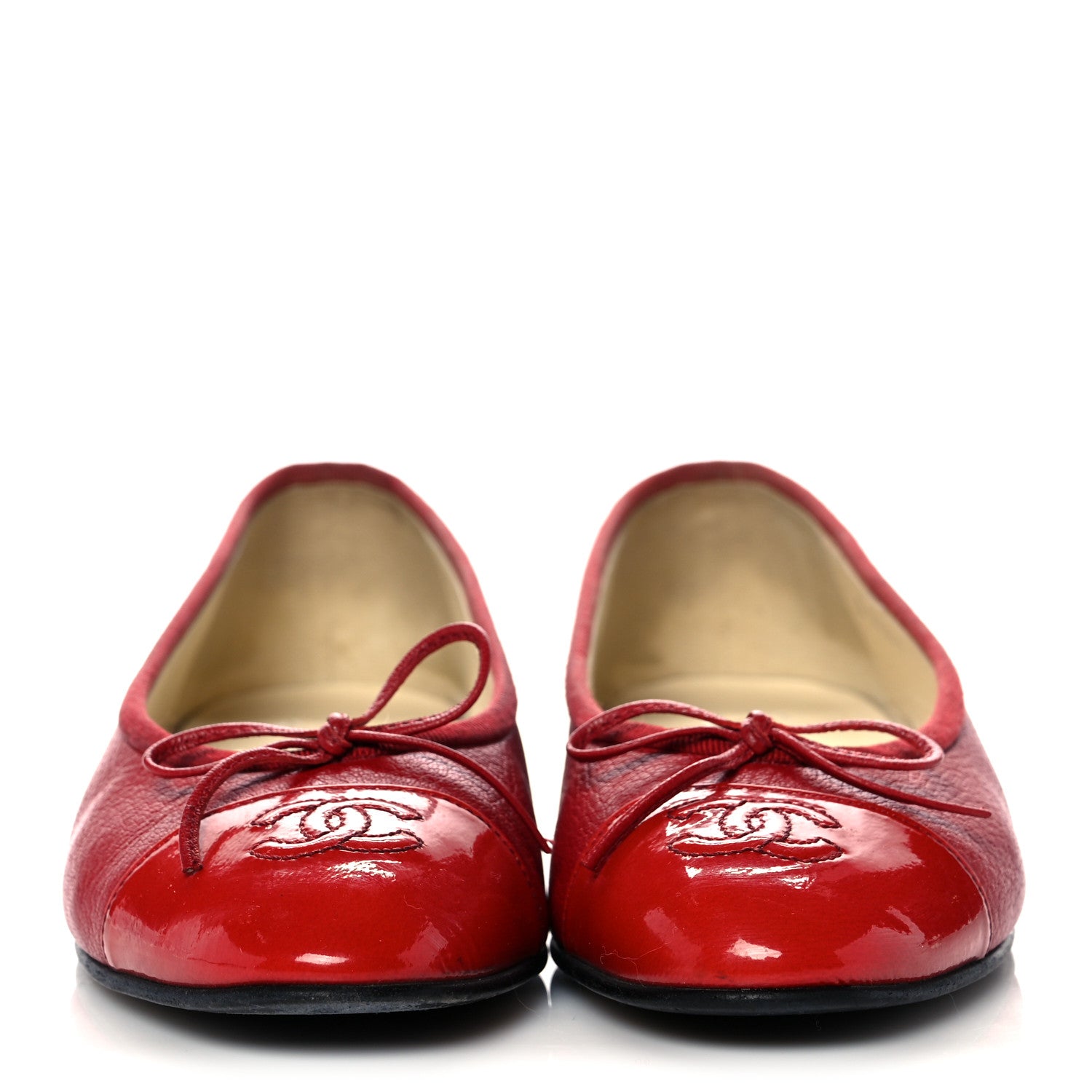 Chanel Goatskin Patent Cap Toe CC Ballerina Flats 37.5 Red 2 of 13