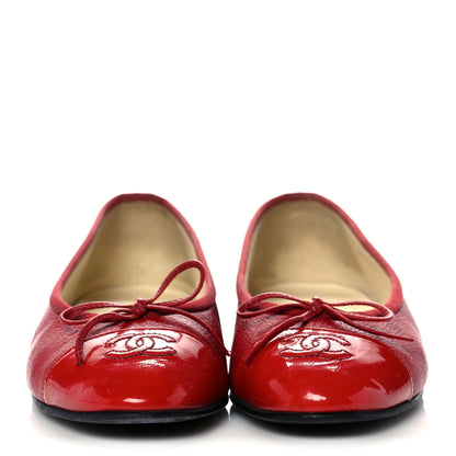 Chanel Goatskin Patent Cap Toe CC Ballerina Flats 37.5 Red 2 of 13