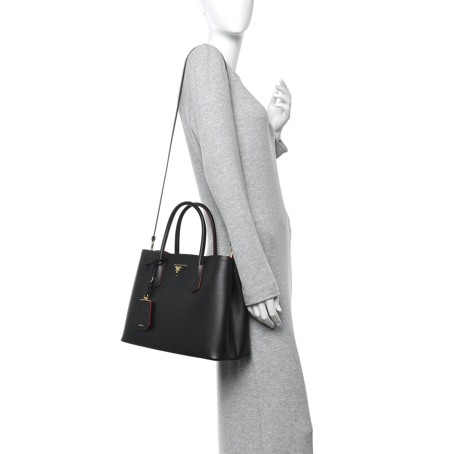 Prada Saffiano Cuir Medium Double Bag Black Fuoco 1853037
