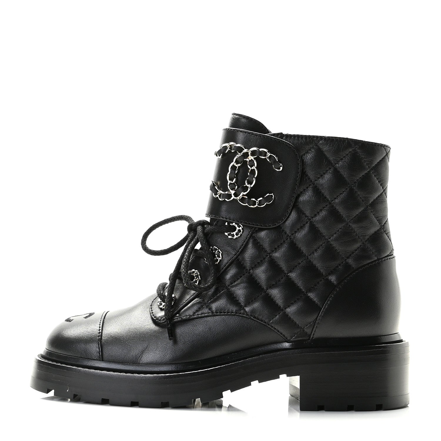 Chanel Shiny Lambskin Quilted Lace Up Combat Boots 36 Black 1 of 11