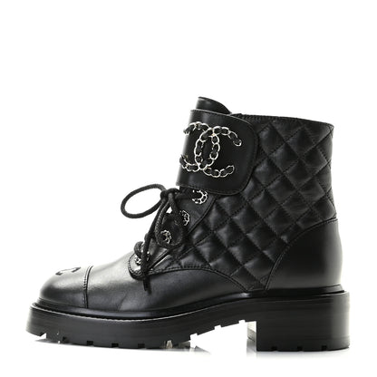 Chanel Shiny Lambskin Quilted Lace Up Combat Boots 36 Black 1 of 11