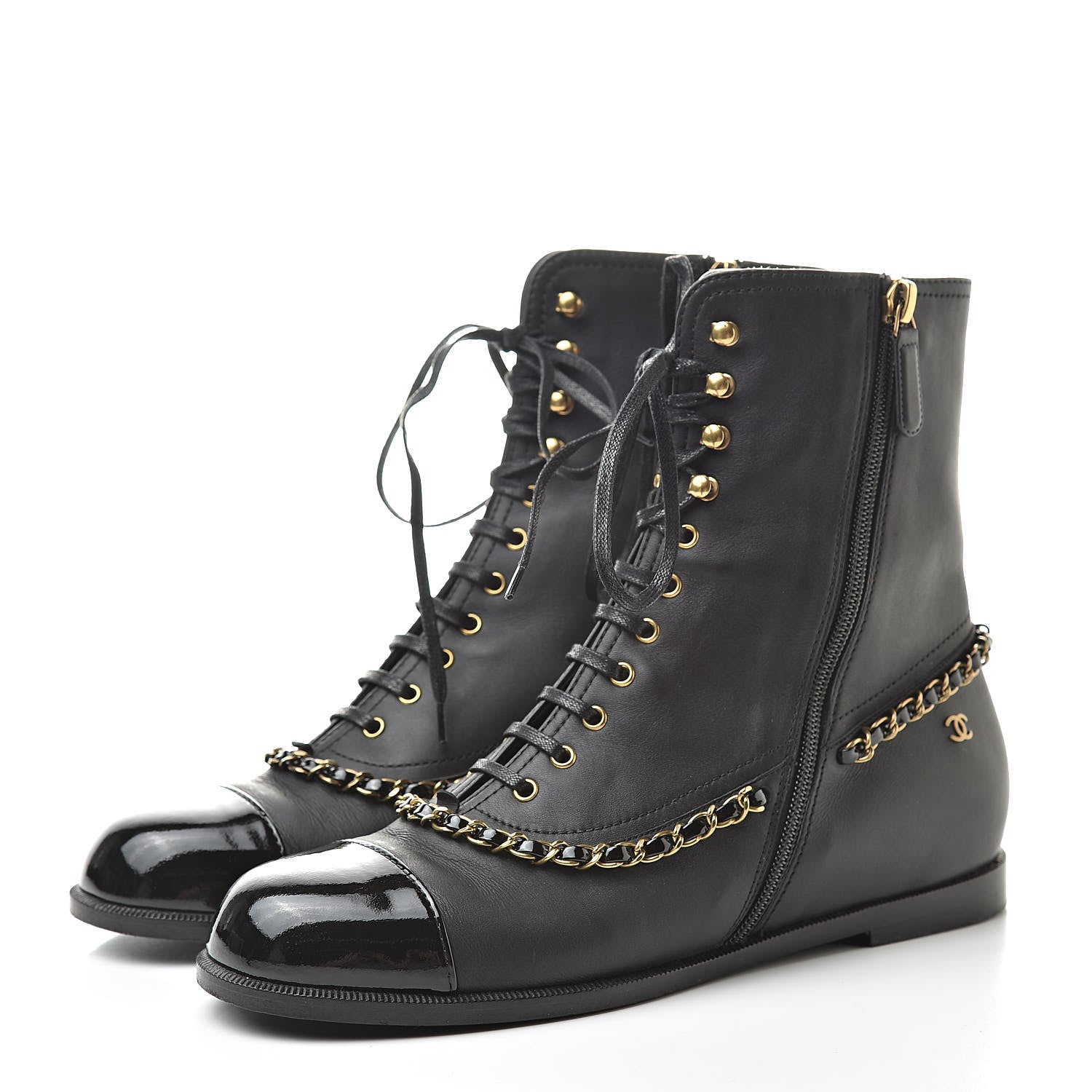 Chanel Calfskin Chain Lace Up Boots 38.5 Black 3 of 12