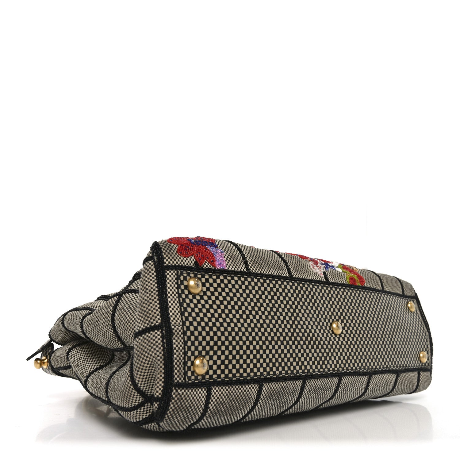 Fendi Canvas Calfskin Embroidered Medium Peekaboo Iconic Satchel Black Beige Multicolor 4 of 9