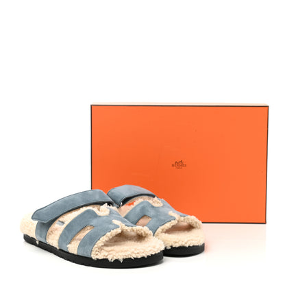 Hermes Suede Goatskin Woolskin Womens Chypre Sandals 38 Bleu Pinede Ecru 8 of 8
