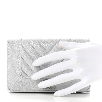 Chanel Metallic Caviar Chevron Quilted Mademoiselle Vintage Flap Wallet Silver 2 of 8