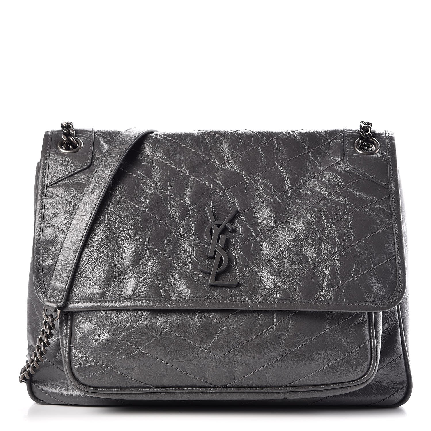 Saint Laurent Crinkled Calfskin Matelasse Monogram Large Niki Chain Satchel Storm 1 of 9