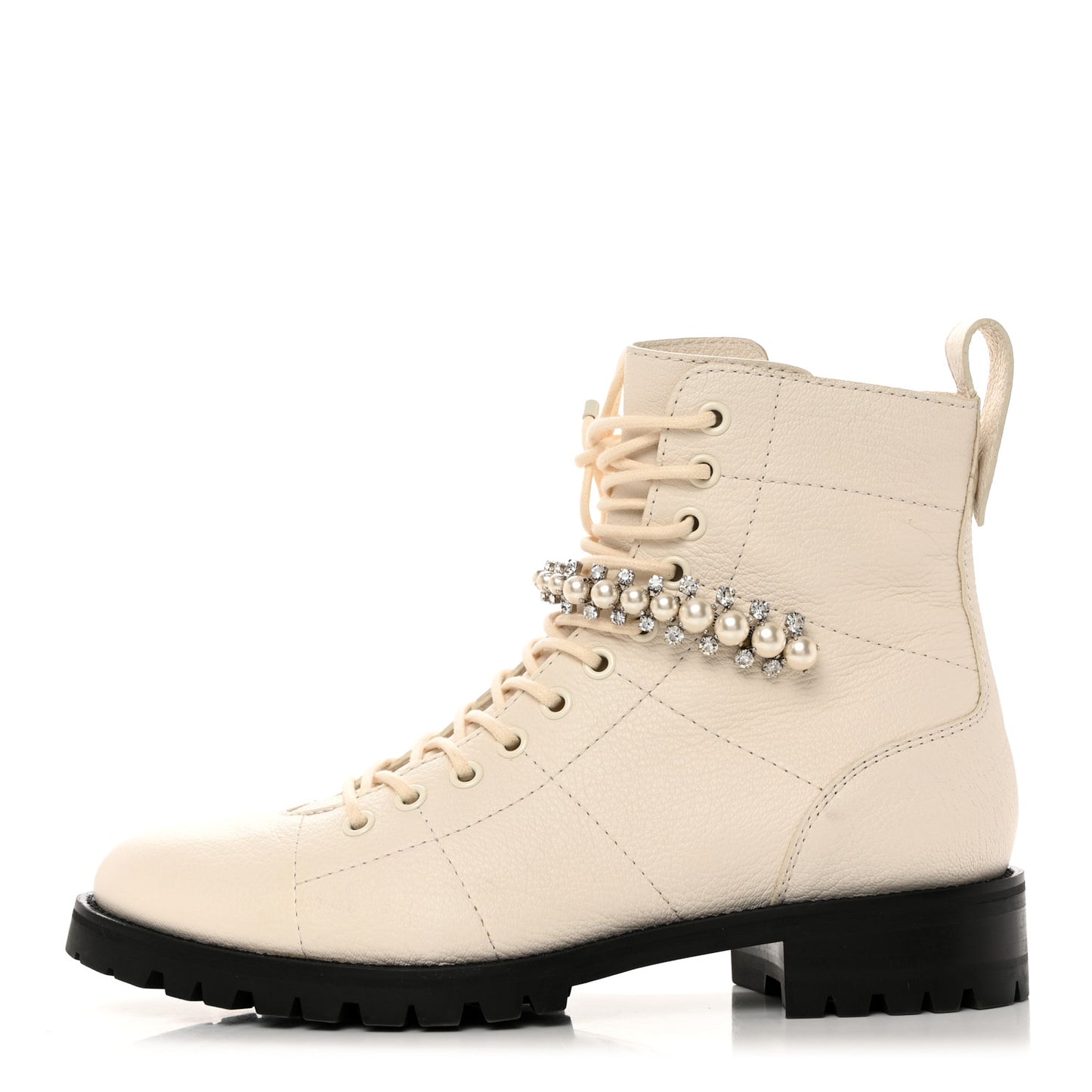 Grained Calfskin Crystal Embellished Cruz Combat Boots 39 White
