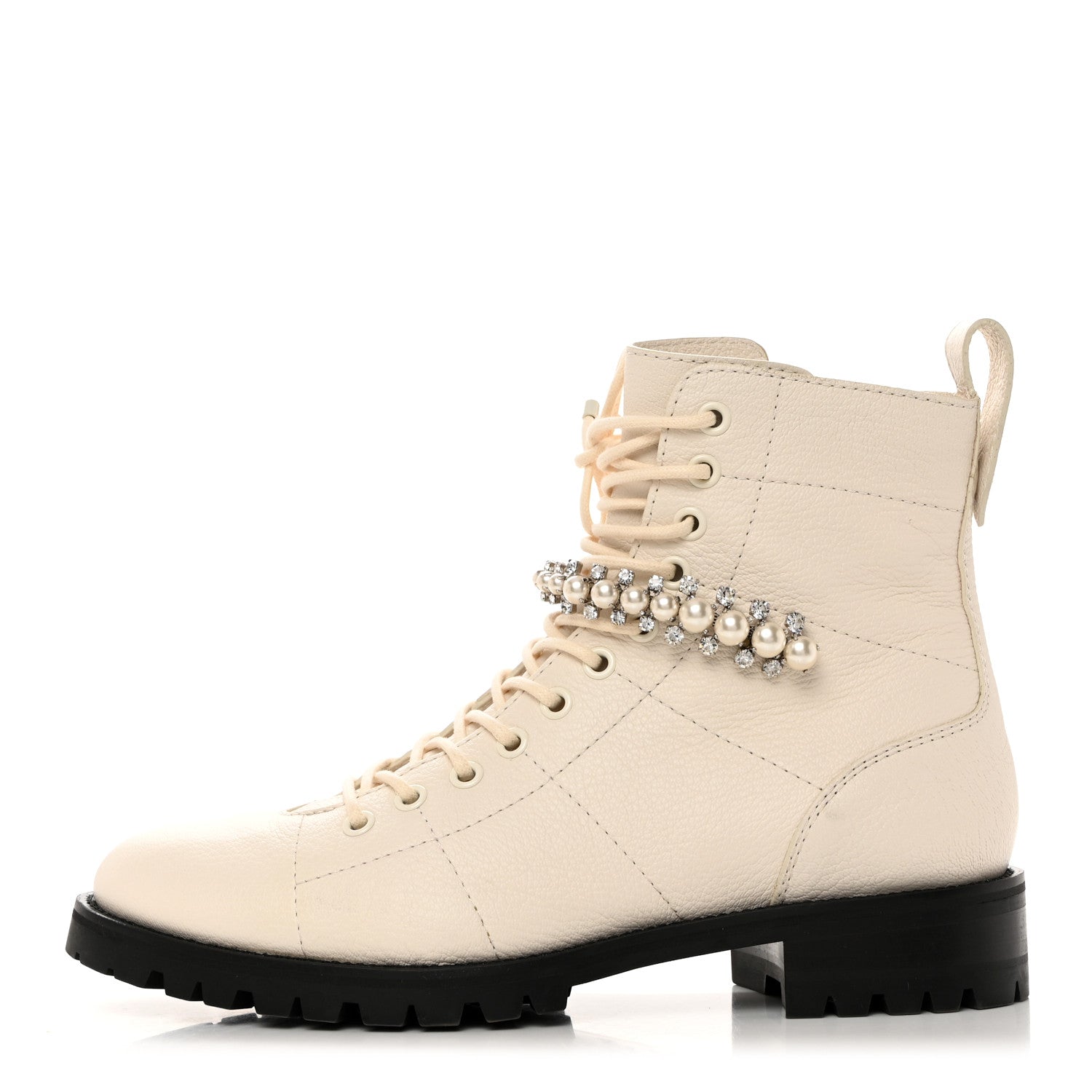 Jimmy Choo Grained Calfskin Crystal Embellished Cruz Combat Boots 39 White 1 of 8