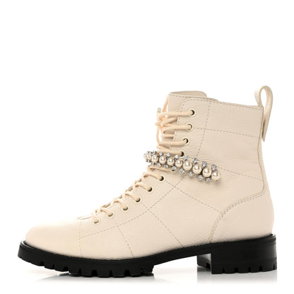 Jimmy Choo Grained Calfskin Crystal Embellished Cruz Combat Boots 39 White 1 of 8
