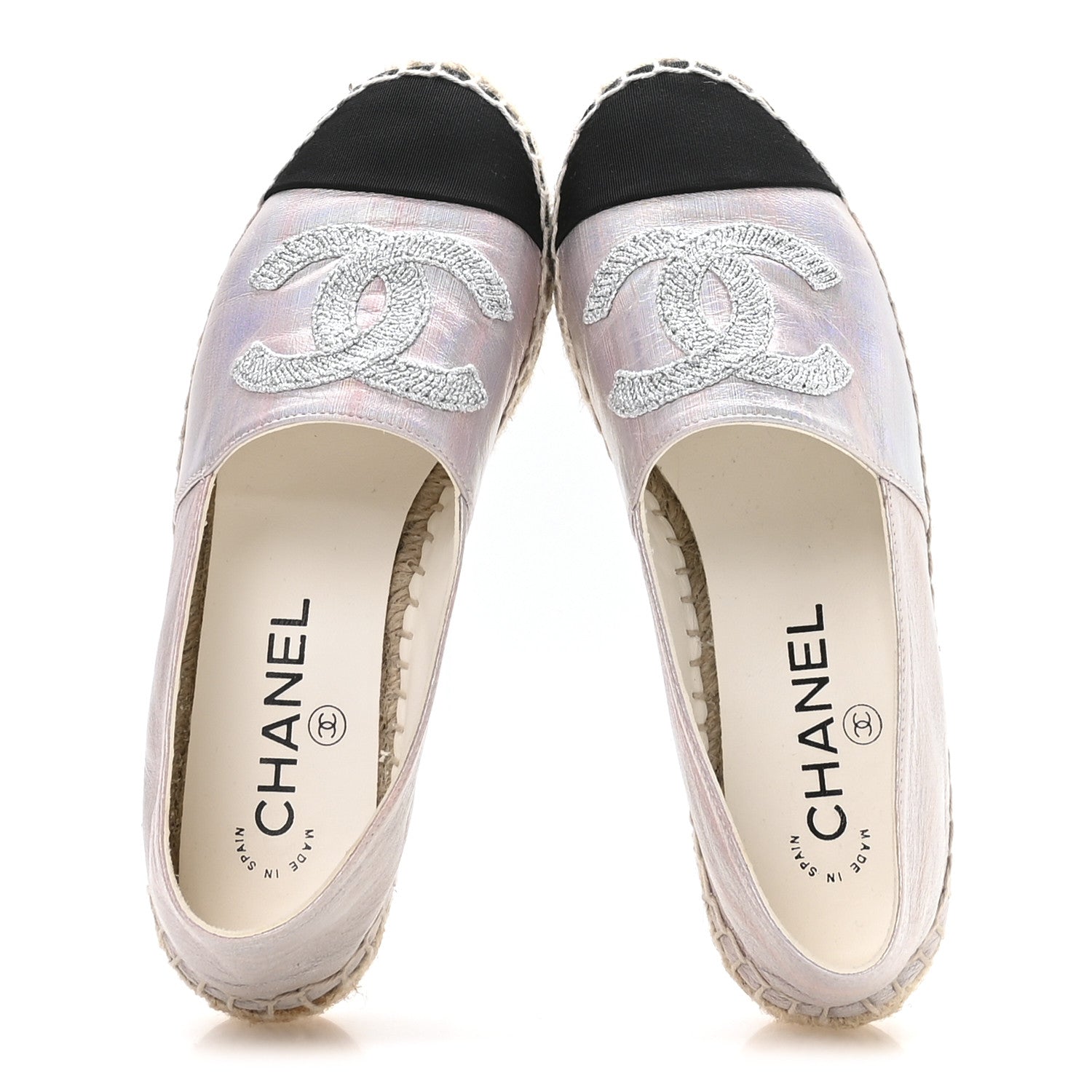 Chanel Laminated Lambskin Grosgrain Embroidered CC Espadrilles 36 Pink Silver Black 2 of 9