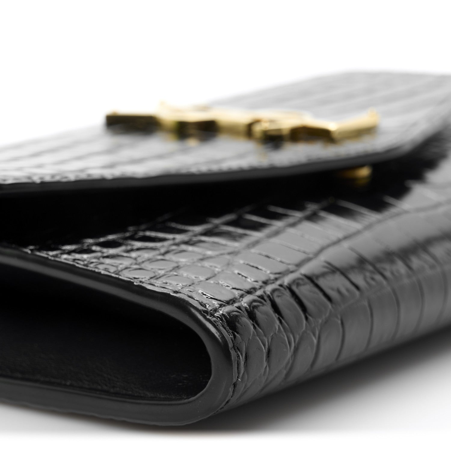 Saint Laurent Calfskin Crocodile Embossed Monogram Uptown Chain Wallet Black 11 of 12