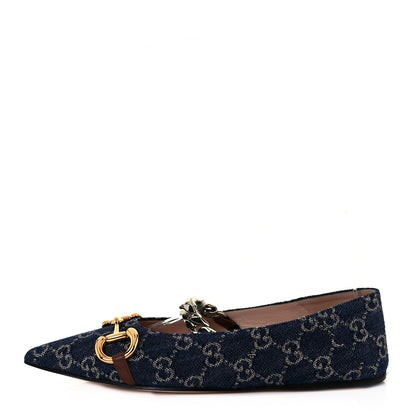 Gucci New Denim GG Monogram Nappa Deva Horsebit Chain Embellished Flats 37.5 Blue Tea Cuir Epilog 1 of 8