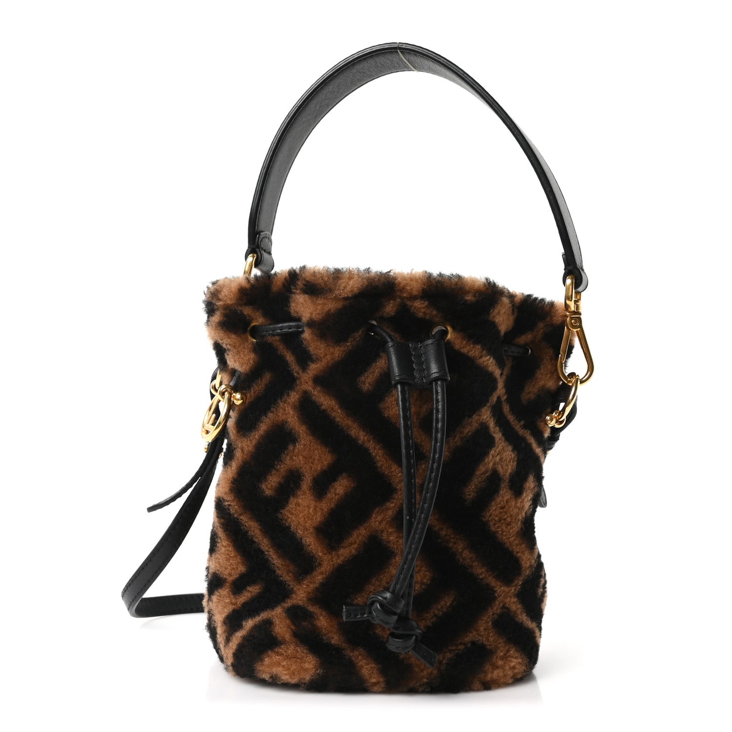 Shearling Vitello Dolce F is Fendi Macro FF 1974 Mini Mon Tresor Bucket Bag Tobacco Black