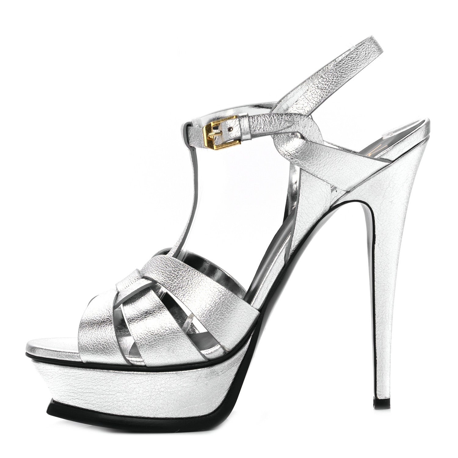 Saint Laurent Metallic Calfskin Tribute 105 Platform Sandals 40.5 Silver 1 of 7